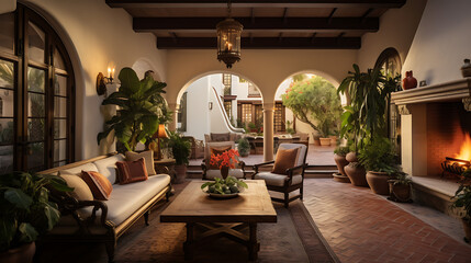 A breathtaking Spanish revival style interior design, meticulously designed with captivating interior details, illuminated by perfectly coordinated lighting, surrounded by expertly crafted gardens