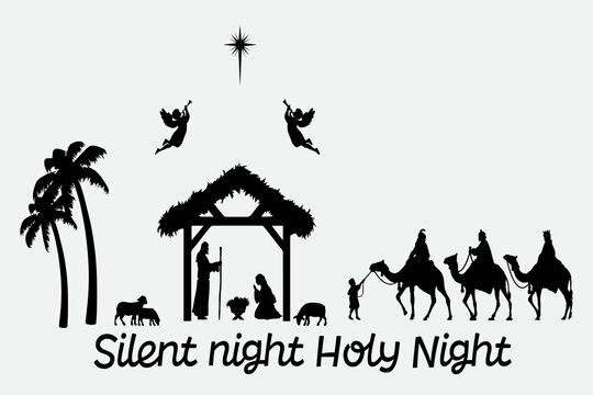 Illustration Birth of Christ silhouette, Christmas christian nativity scene