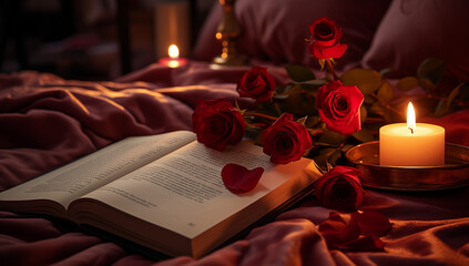 red rose and candle on a book open on the bed, romantic novel - obrazy, fototapety, plakaty