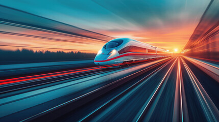 High-Speed Maglev Trains in motion, long exposure shot, futuristic design speeding through vibrant landscapes, illuminated by morning sun - obrazy, fototapety, plakaty