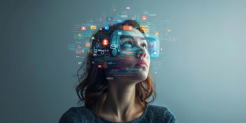 woman look up portrait in vr glasses hologram, glowing virtual headset with connection, earth sphere and lines.