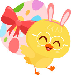 Cute Yellow Chick Cartoon Character Carrying Easter Egg. Vector Illustration Flat Design Isolated On Transparent Background
