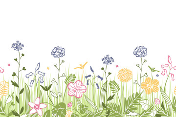 Cute spring flowers and grass illustration on white background. Can use as web site header / Footer / banner or border.