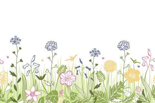 Cute spring flowers and grass illustration on white background. Can use as web site header / Footer / banner or border.