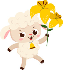 Cute Little Sheep Cartoon Character Walking And Holding A Flower. Vector Illustration Flat Design Isolated On Transparent Background