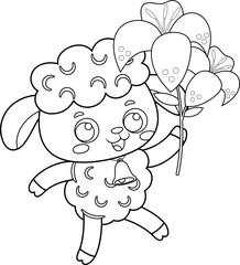 Outlined Cute Little Sheep Cartoon Character Walking And Holding A Flower. Vector Hand Drawn Illustration Isolated On Transparent Background