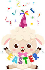 Cute Little Sheep Cartoon Character With Sign Easter. Vector Illustration Flat Design Isolated On Transparent Background