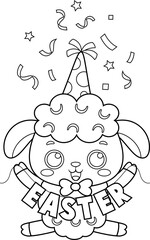 Outlined Cute Little Sheep Cartoon Character With Sign Easter. Vector Hand Drawn Illustration Isolated On Transparent Background
