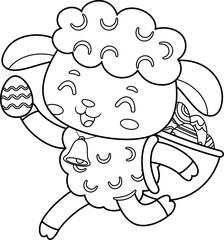 Outlined Cute Little Sheep Cartoon Character Running With A Basket And Egg. Vector Hand Drawn Illustration Isolated On Transparent Background