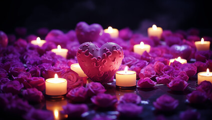 purple heart with purple flowers and candles,romantic decor