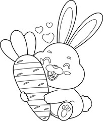 Outlined Cute Bunny Rabbit Cartoon Character Hugging A Carrot. Vector Hand Drawn Illustration Isolated On Transparent Background