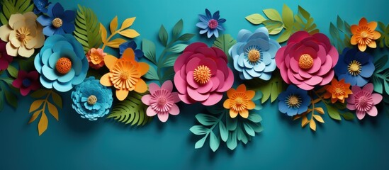 Multicolored paper cut flowers with green leaves, copy space on blue background. Generate AI image - obrazy, fototapety, plakaty