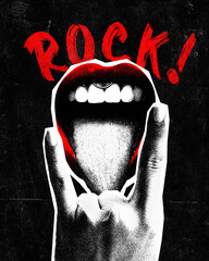 Poster. Contemporary art collage. female mouth with tongue and hand showing rock gesture symbolizing rebellious spirit bursts from punk music, songs. Concept of Rock-n-roll day, concert, festival. Ad.
