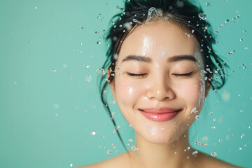 healthy hydrated face skin. skin care and moisturizing concept. smiling asian woman with eyes closed and water splash around the face on light green background with copy space - obrazy, fototapety, plakaty