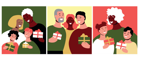 Family Reunions, vector flat illustration, genuine emotions of joy, togetherness, People with facial expressions such as excitement, surprise, happiness