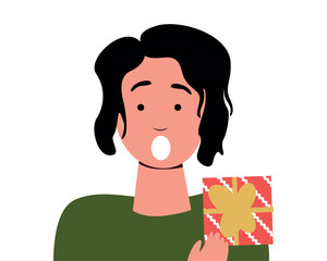 Vector flat illustration, genuine emotions of joy, Woman with facial expressions such as surprise
