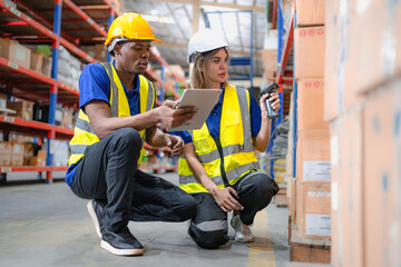 Distribution warehouse worker scanning bar code examining inventory in stock. Merchandise supervisor, logistic engineer working at storage room in storehouse for goods order and delivering management