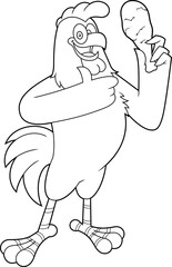 Outlined Cute Chicken Rooster Cartoon Character Holding Fried Leg And Giving The Thumbs Up. Vector Hand Drawn Illustration Isolated On Transparent Background