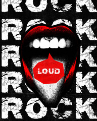 Poster. Contemporary art collage. Loud rock. Female mouth against black background with inscription and speech bubbles. Grainy fabric effect. Monochrome. Concept of Rock-n-roll day, music festival. Ad