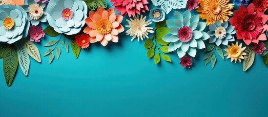 Multicolored paper cut flowers with green leaves, copy space on blue background. Generate AI image
