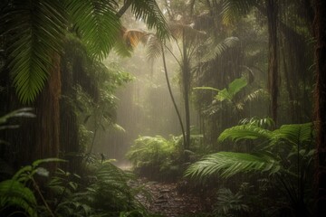 Lush Wonderland: A Captivating View of a Tropical Forest, Nature's Verdant Symphony in Full Bloom. Ideal for Adding Tropical Vibes and Breathtaking Greenery