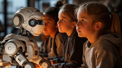 Next-Gen Robotics in Education, kids interacting with advanced robots, classroom lit with soft morning light - obrazy, fototapety, plakaty