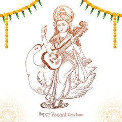 Hand draw indian god saraswati maa on vasant panchami card design