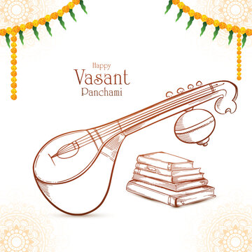 Happy vasant panchami indian cultural festival saketch card design