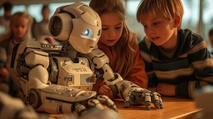 Next-Gen Robotics in Education, kids interacting with advanced robots, classroom lit with soft morning light