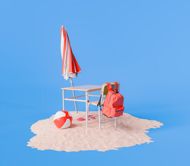red backpack on a chair with a closed umbrella, beach ball, and sandals on a sandy surface, summer education concept.