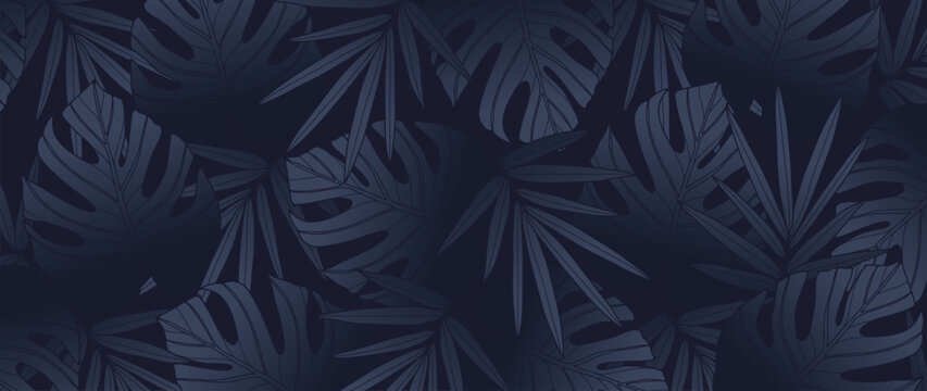 Dark mystical tropical background with monstera and palm leaves. Botanical postcard, cover design, wallpaper