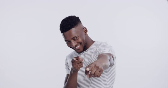 Happy man, face and pointing to you in studio for decision, vote for choice or winner on white background. Portrait, african model and recruitment emoji for hiring, volunteer or invitation to join us