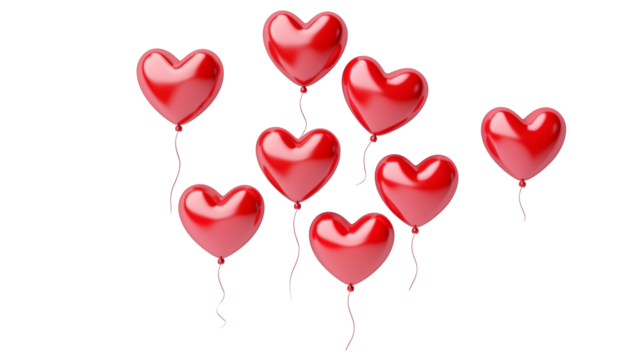 Red heart balloons on transparent background. Foil air balloon for party, Christmas, Birthday, Valentines day, Womens day, wedding, grand opening. Glossy shine helium balloon