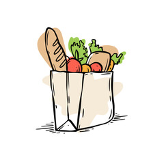 Hand drawn bag with food products from food market.