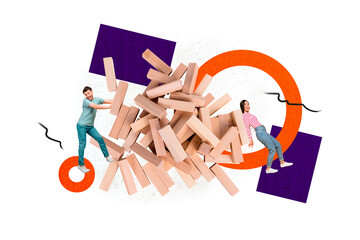 Creative artwork collage of ruined wooden jenga tower where young couple creating new structure isolated on white color background
