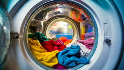 Closeup of a washing machine full of multicolored clothes, laundry before washing, concept. Generative Ai.