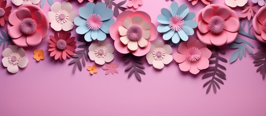 Multicolored paper cut flowers with green leaves, copy space on pink background. Generate AI image