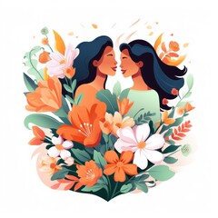 Womens with spring flowers, women equality day on white background. Illustration for International Women's Day.