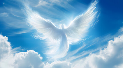 Angel spirit in blue sky with clouds - obrazy, fototapety, plakaty