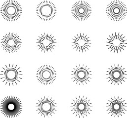 Vintage sunburst set. Bursting rays sunrise firework starburst blast, Radiant Spark. Vintage sunburst, Rays. Geometric Design Elements. Retro radiant sunburst, starburst hand drawn label, sun rays. 
