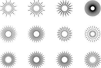 Vintage sunburst set. Bursting rays sunrise firework starburst blast, Radiant Spark. Vintage sunburst, Rays. Geometric Design Elements. Retro radiant sunburst, starburst hand drawn label, sun rays. 