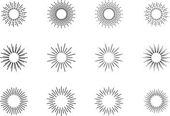 Vintage sunburst set. Bursting rays sunrise firework starburst blast, Radiant Spark. Vintage sunburst, Rays. Geometric Design Elements. Retro radiant sunburst, starburst hand drawn label, sun rays. 