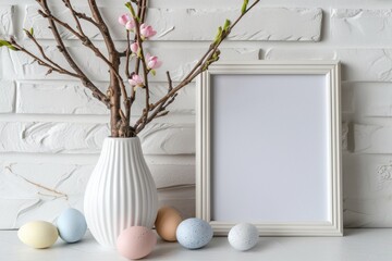 Easter spring tree with eggs vase at white home interior. Image with mock up and copy space.