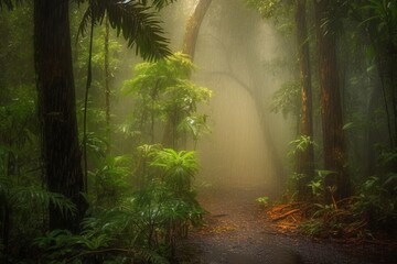 Lush Wonderland: A Captivating View of a Tropical Forest, Nature's Verdant Symphony in Full Bloom. Ideal for Adding Tropical Vibes and Breathtaking Greenery