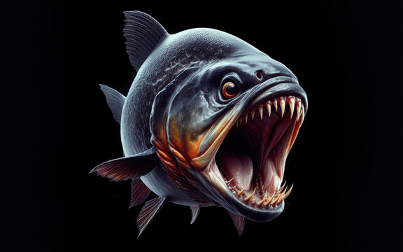 Red piranha (Red-bellied piranha) on isolated black background. Pygocentrus nattereri is freshwater fish in family Serrasalmidae that inhabits Amazon basin, South American rivers.