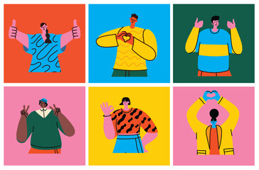 Fototapeta premium Happy positive people. Man and woman team gesturing with hands, fingers. Love, support, solidarity, ok expressions. Flat graphic vector illustration isolated on white background