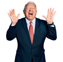 Senior man with grey hair wearing business suit and glasses crazy and mad shouting and yelling with...