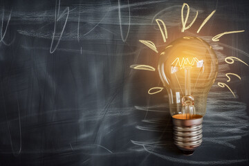 Idea in chalkboard with yellow chalk. Bulb means an idea! Old engraved illustration of light bulbs. Hand holding Light bulb on blackboard background. - obrazy, fototapety, plakaty