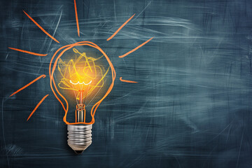 Idea in chalkboard with yellow chalk. Bulb means an idea! Old engraved illustration of light bulbs. Hand holding Light bulb on blackboard background.