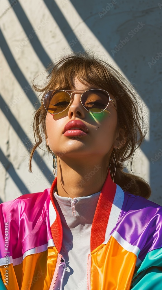 Wall mural young woman wearing colorful 90s track suit polished concrete background, sun and shadows, candid, close up